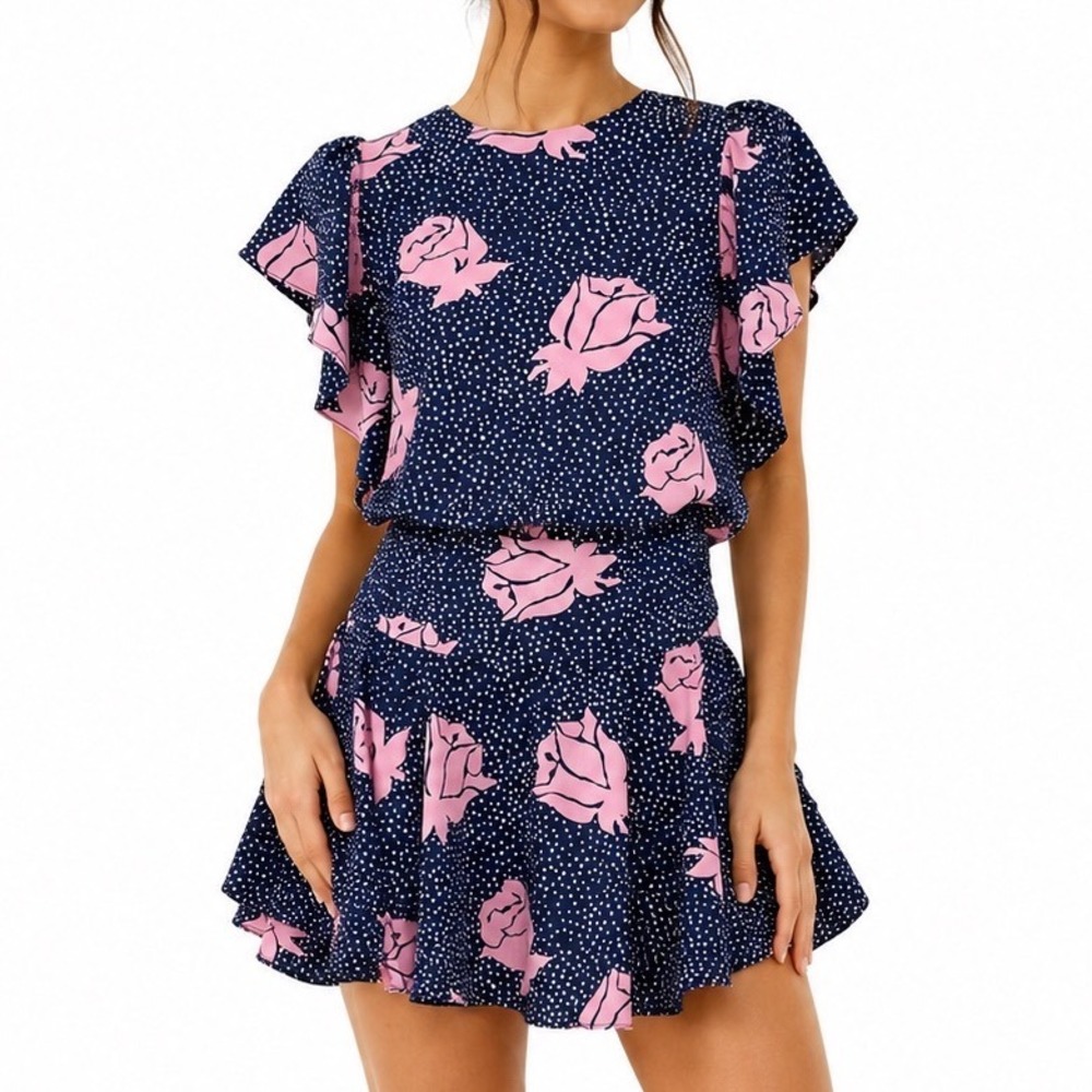 Vintage 80s Navy Pink Rose Polka Dot Ruffle Mini Dress XS Peplum Party Dress‎